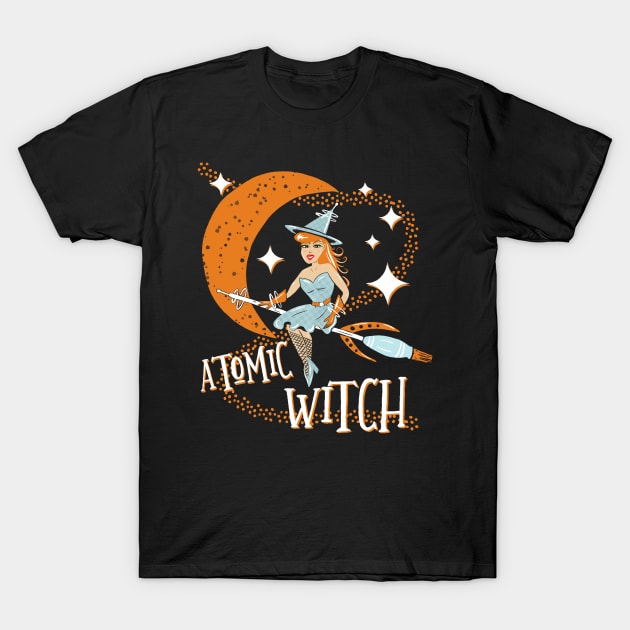 Atomic Witch Retro Vintage Pinup Girl Halloween T-Shirt by ksrogersdesigns